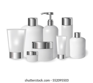 realistic blank tubes for cosmetics. Set with cosmetic vial, flask. Tube of cream. 3d illustration.