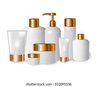 realistic blank tubes for cosmetics. Set with cosmetic vial, flask. Tube of cream. 3d illustration.
