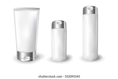 realistic blank tubes for cosmetics. Set with cosmetic vial, flask. Tube of cream. 3d illustration.