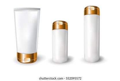 realistic blank tubes for cosmetics. Set with cosmetic vial, flask. Tube of cream. 3d illustration.