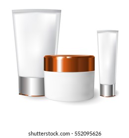 realistic blank tubes for cosmetics. Set with cosmetic vial, flask. Tube of cream. 3d illustration.