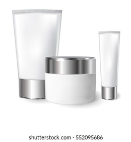 realistic blank tubes for cosmetics. Set with cosmetic vial, flask. Tube of cream. 3d illustration.