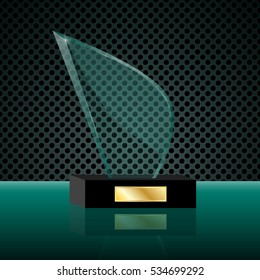 Realistic Blank Vector green Glass Trophy Award. Glossy transparent trophy for award.