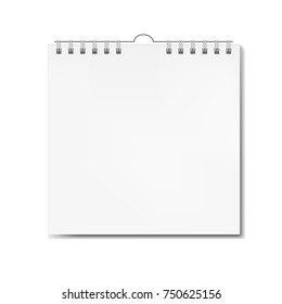 Realistic Blank Vector Square Calendar On Spiral Mockup. Clear Wall Book Of Month Front View Page With Shadow, Almanac