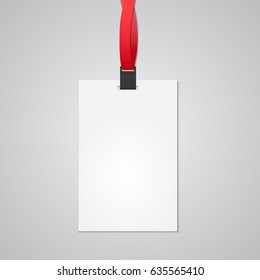 Realistic Blank vertical bagde with red ribbon. Mockup, Vector