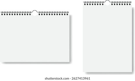 realistic blank wall calendar mockup, horizontal and vertical format, metal spiral, 