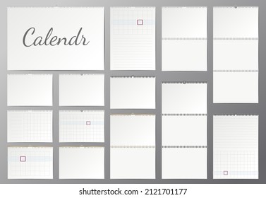 Realistic blank wall calendars mockups with spiral and table. Realistic Calendar Blank Hanging On A Wall. Blank Office Calendar Mock Up. Realistic Sheets Of Paper.