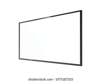 Realistic Blank Wall Mount Flat Screen TV Frame Mockup From Angled View - Black Hanging Rectangle Panel With Empty White Copy Space. Isolated Vector Illustration.