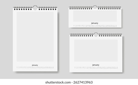 realistic blank wall photo calendar mockup, horizontal, panorama and vertical format, metal spiral design, 