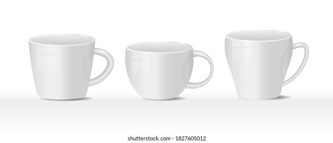 Realistic blank white and black coffee mug cups on white background. Templates for mock up. Hot drink container cup collection with shiny surface. Realistic 3D style. Vector illustration, eps 10.