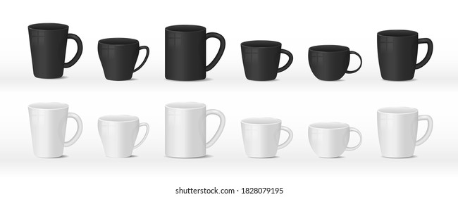 Realistic blank white and black coffee mug cups on white background. Templates for mock up. Hot drink container cup collection with shiny surface. Realistic 3D style. Vector illustration, eps 10.