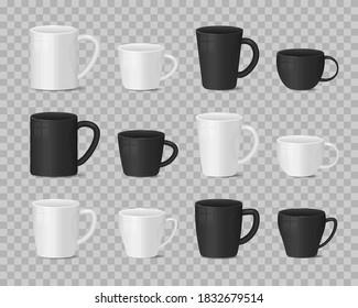 Realistic blank white and black coffee mug cups on transparent background. Hot drink container cup collection with shiny surface. Realistic 3D style. Templates for mock up. Vector illustration, eps 10