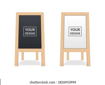Realistic blank white and black wooden board, outdoor advertising stand mock up isolated on white background, vector illustration