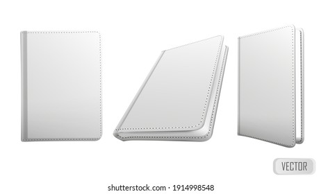 Realistic blank white book mockup. Set of book template in different views isolated on white background