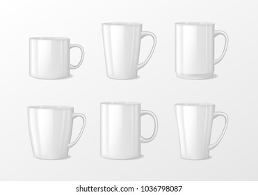 Realistic blank white coffee mug cups with handle. Cup porcelain for tea vector template mockup isolated. Realistic teacup for breakfast, Vector illustration