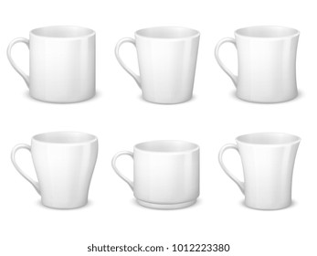 Realistic blank white coffee mugs with handle and porcelain cups vector template isolated. Cup porcelain for tea and coffee breakfast, realistic teacup illustration