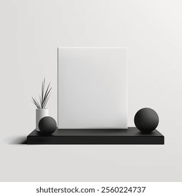 Realistic blank white frame on black tablet with potted plant, and black round balls, 3D. Modern trendy mockup for art, photo placement concepts. Vector