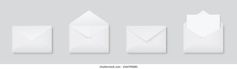 Реалистичная пустая белая бумага для писем C5 или C6, вид спереди. A6 C6, A5 C5, шаблон открыт и закрыт на сером фоне - стоковый вектор.