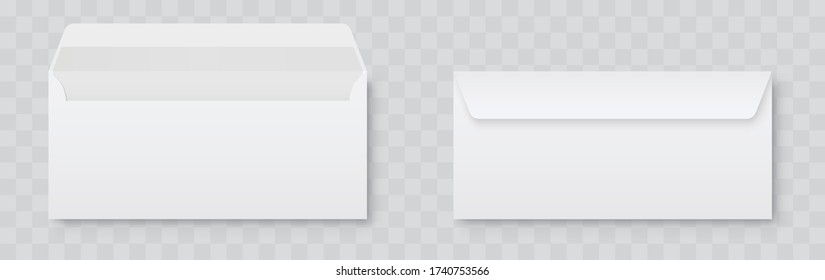 Realistic blank white letter paper DL envelope front view. Vector blank open and closed on isolated background - stock vector.