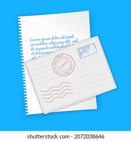 Realistic blank white letter paper C5 or C6 envelope front view, template open and closed