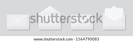 Realistic blank white letter paper C5 or C6 envelope front view. A6 C6, A5 C5, template open and closed on gray background - stock vector.