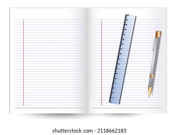 realistic blank white notebook with pencil on it, clean notebook pages vector illustration set empty white sheets.