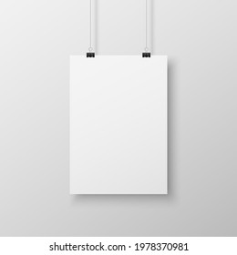 Realistic blank white paper hanging on office clip isolated on grey background. Mockup template for your design. Vertical empty sheet with shadow. Show your flyers, brochures, headlines. Vector
