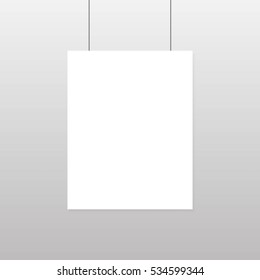 Realistic blank white paper poster hanging on wall mockup. Template page of banner for exhibition. Vector illustration.