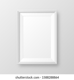 Realistic blank white picture frame with shadow isolated on gray background. Modern poster mockup. Empty photo frame for art gallery or interior. Vector illustration.