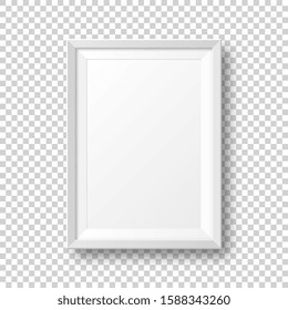 Realistic blank white picture frame with shadow isolated on transparent background. Modern poster mockup. Empty photo frame for art gallery or interior. Vector illustration.