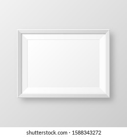 Realistic blank white picture frame with shadow isolated on gray background. Modern poster mockup. Empty photo frame for art gallery or interior. Vector illustration.