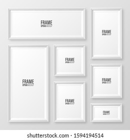 Realistic blank white picture frame with shadow collection isolated on gray background. Modern poster mockup. Empty photo frame for art gallery or interior. Vector illustration.