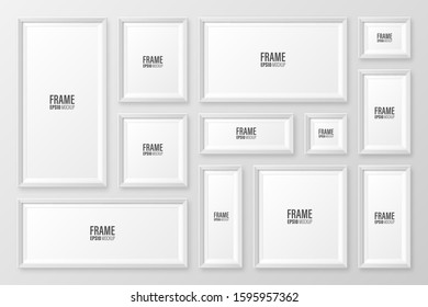 Realistic blank white picture frame with shadow collection isolated on gray background. Modern poster mockup. Empty photo frame for art gallery or interior. Vector illustration.