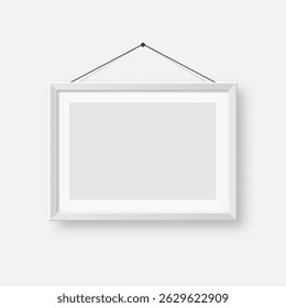 Realistic blank white picture frame. Modern poster mockup for artwork, photography, or advertising. Perfect for art galleries, interior decor, and branding. Vector illustration