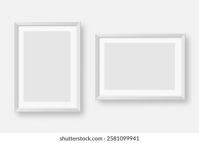 Realistic blank white picture frames collection. Modern poster mockup for artwork, photography, or advertising. Perfect for art galleries, interior decor, and branding. Vector illustration