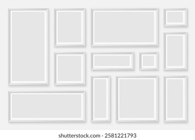 Realistic blank white picture frames collection. Modern poster mockup for artwork, photography, or advertising. Perfect for art galleries, interior decor, and branding. Vector illustration