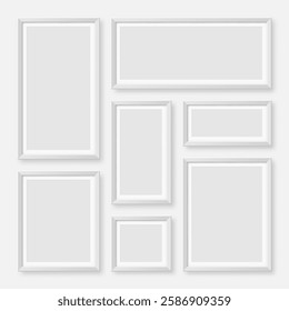 Realistic blank white picture frames collection. Modern poster mockup for artwork, photography, or advertising. Perfect for art galleries, interior decor, and branding. Vector illustration