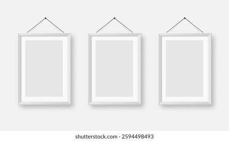 Realistic blank white picture frames collection. Modern poster mockup for artwork, photography, or advertising. Perfect for art galleries, interior decor, and branding. Vector illustration