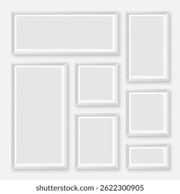 Realistic blank white picture frames collection. Modern poster mockup for artwork, photography, or advertising. Perfect for art galleries, interior decor, and branding. Vector illustration