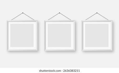 Realistic blank white picture frames collection. Modern poster mockup for artwork, photography, or advertising. Perfect for art galleries, interior decor, and branding. Vector illustration