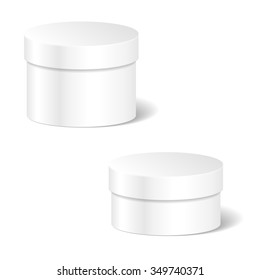 Realistic Blank White Product Package Box Mock Up Set To Advertise Goods. Cylindrical Container With Lid. Packaging Template. Vector.