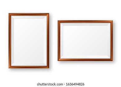 Realistic blank wooden picture frame. Modern poster mockup. Empty photo frame with texture of wood. Art gallery. Vector illustration.