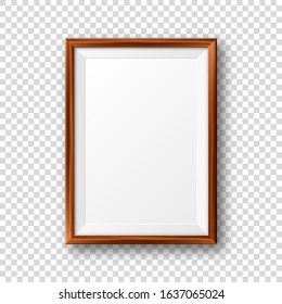 Realistic blank wooden picture frame. Modern poster mockup. Empty photo frame with texture of wood. Art gallery. Vector illustration.