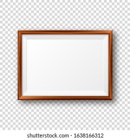 Realistic blank wooden picture frame. Modern poster mockup. Empty photo frame with texture of wood. Art gallery. Vector illustration.