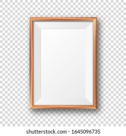 Realistic blank wooden picture frame. Modern poster mockup. Empty photo frame with texture of wood. Art gallery. Vector illustration.