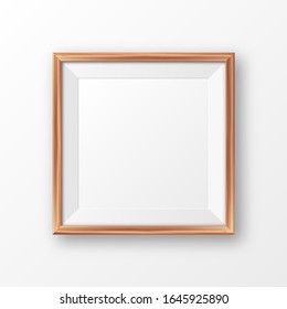 Realistic blank wooden picture frame. Modern poster mockup. Empty photo frame with texture of wood. Art gallery. Vector illustration.