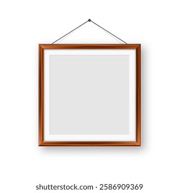 Realistic blank wooden picture frame. Modern poster mockup for artwork, photography, or advertising. Perfect for art galleries, interior decor, and branding. Vector illustration