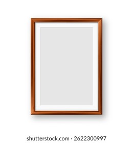 Realistic blank wooden picture frame. Modern poster mockup for artwork, photography, or advertising. Perfect for art galleries, interior decor, and branding. Vector illustration