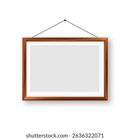 Realistic blank wooden picture frame. Modern poster mockup for artwork, photography, or advertising. Perfect for art galleries, interior decor, and branding. Vector illustration
