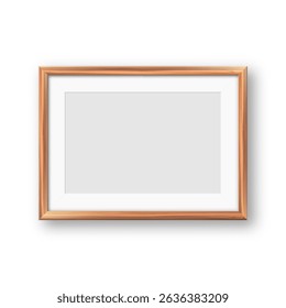 Realistic blank wooden picture frame. Modern poster mockup for artwork, photography, or advertising. Perfect for art galleries, interior decor, and branding. Vector illustration